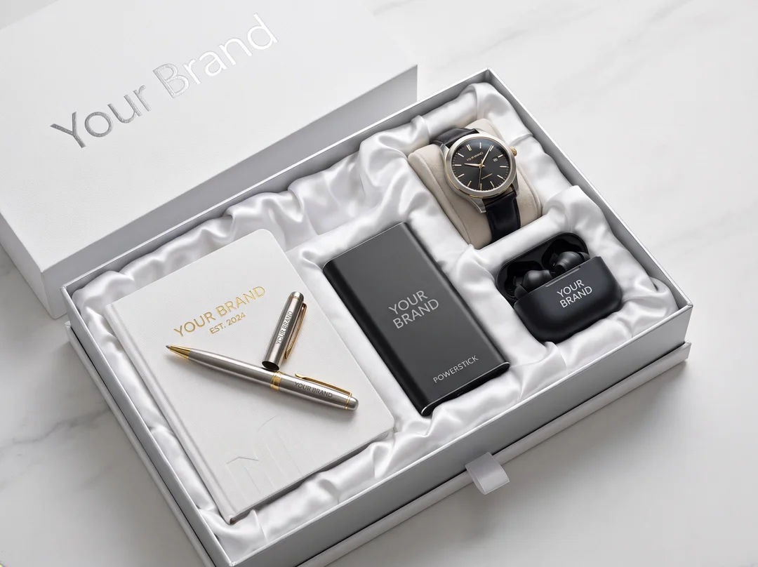 Branded gift box with a watch, notebook, pen, power bank and earbuds, an example of a client appreciation gift set