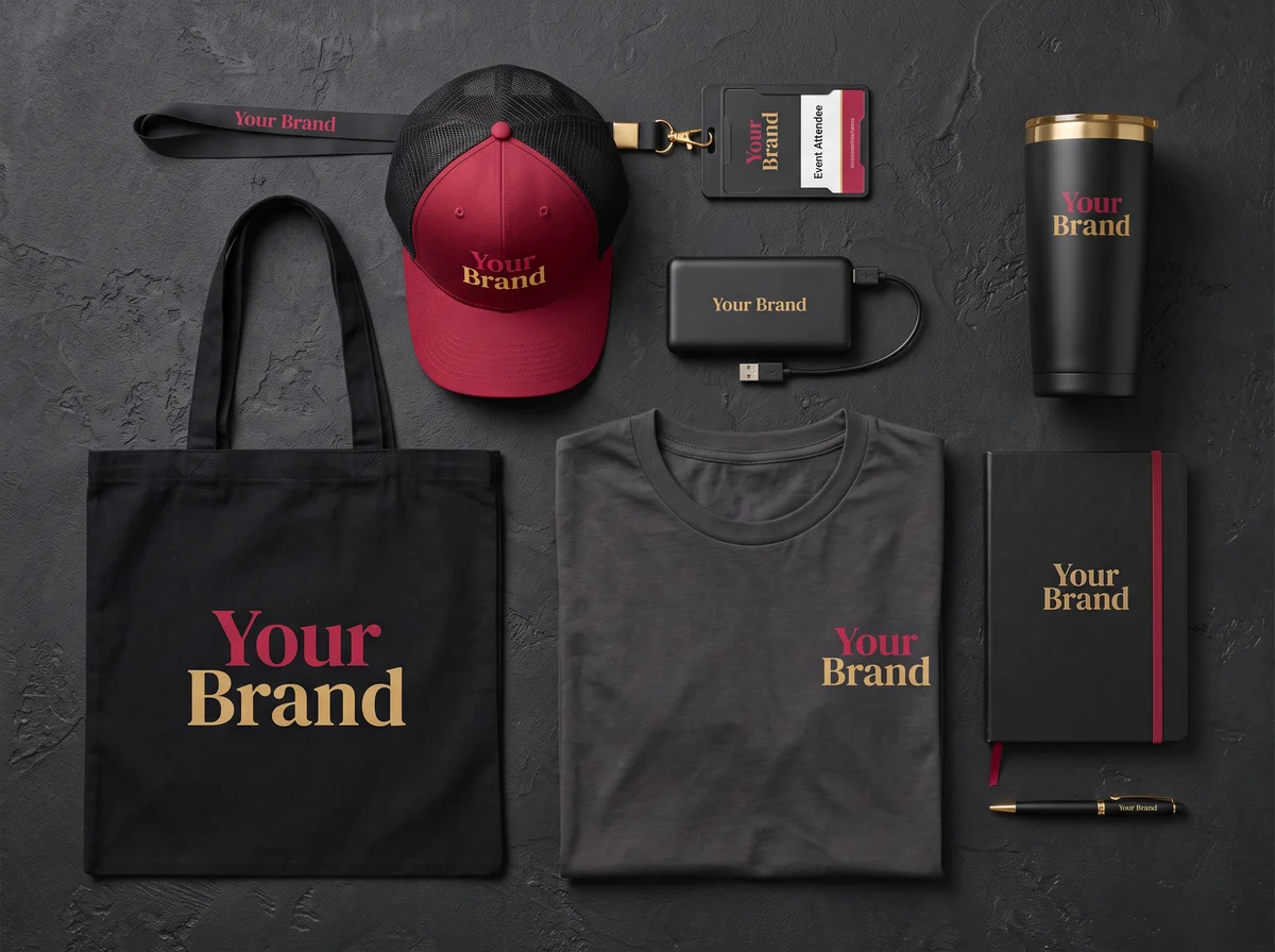 A flat lay of blank branded merchandise samples: tote bag, cap, tumbler, notebook, lanyard and event badge with a placeholder logo