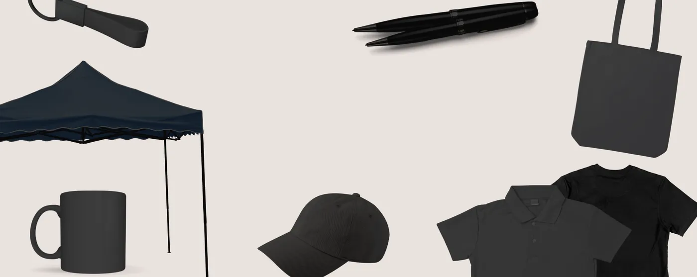 Product silhouettes representing the range of branded merchandise categories: apparel, drinkware, bags and trade show tents