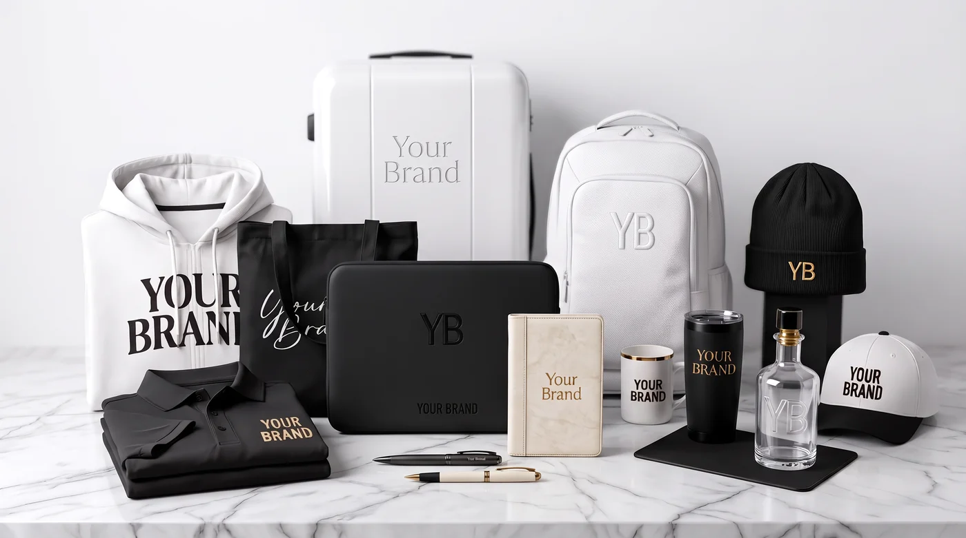 A branded merchandise collection example: hoodie, suitcase, backpack, beanie, cap, tumbler and drinkware with a placeholder logo