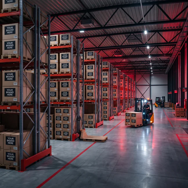 Warehouse racking stocked with palletized inventory ready for kitting and shipping