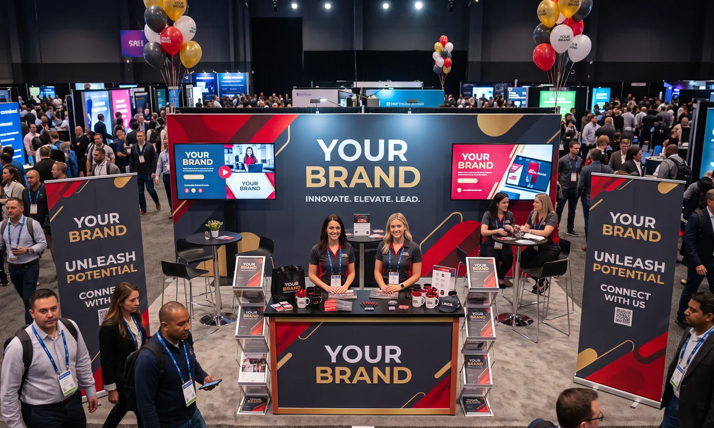 A busy trade show floor with a large overhead booth banner display
